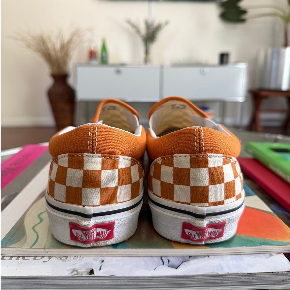 Vans Classic Slip-On Orange Checkerboard Sneakers - Picture 2 of 6